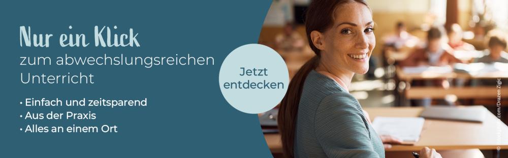 Nur ein Klick zum abwechslungsreichen Unterricht, weibliche Lehrkraft im Klassenzimmer