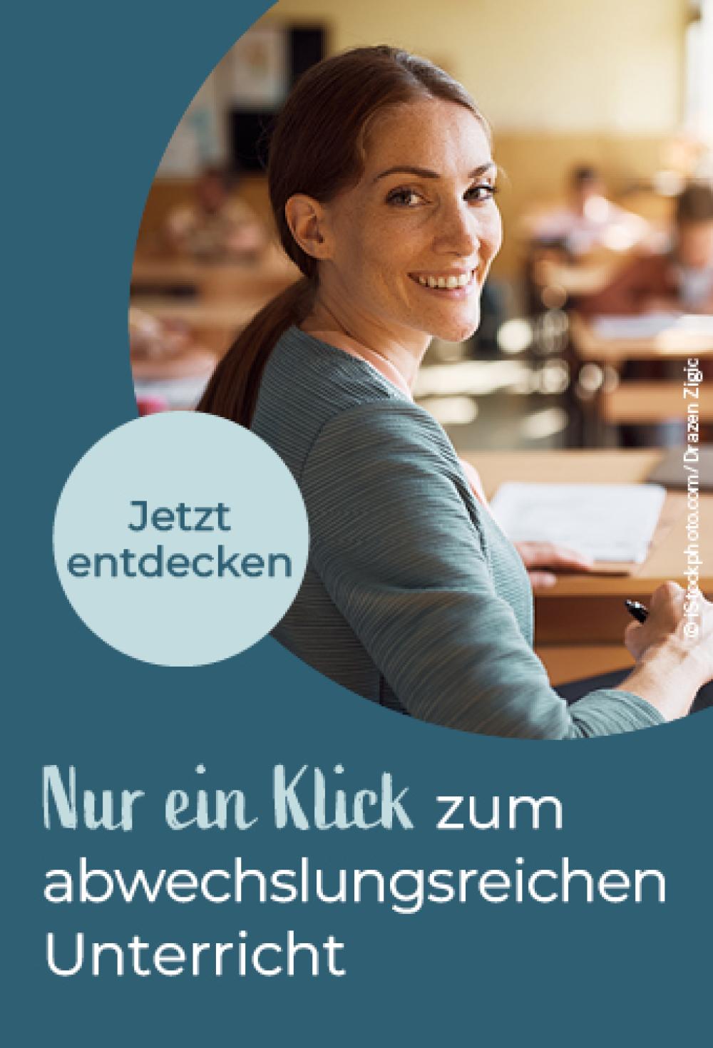 Nur ein Klick zum abwechslungsreichen Unterricht, weibliche Lehrkraft im Klassenzimmer