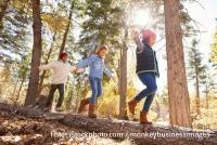 Kinder balancieren auf einem Baumstamm im Wald Herbst Sonne