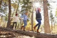 Herbst Kinder balancieren auf einem Baumstamm im Wald in der Herbstsonne